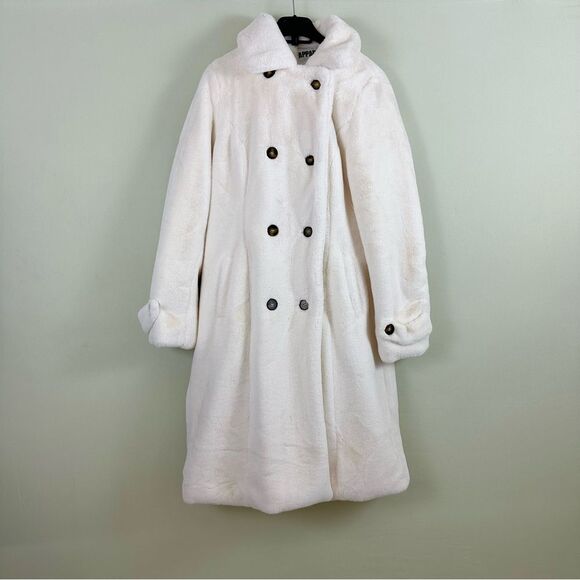 Apparis Faux Fur White Double Breasted Winter Trench Coat - Picture 1 of 11